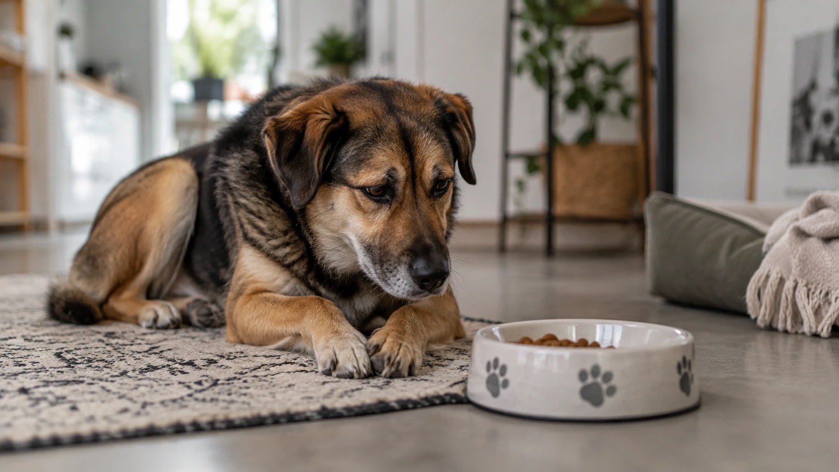 Hund liegt vor einem vollen Futternapf und frisst nicht