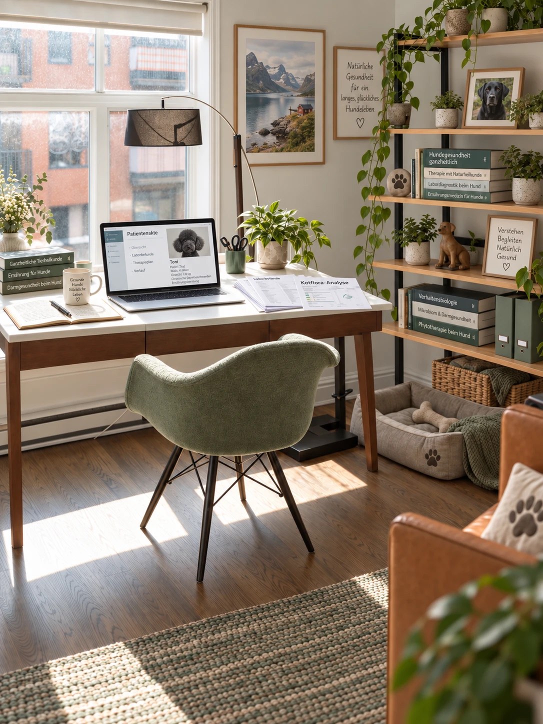 Schreibtisch mit Laborbefunden, Kotflora-Analyse und Patientenakte am Laptop
