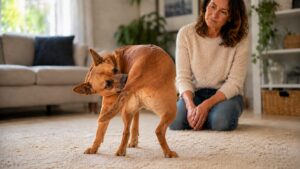 Analdrüsen Hund: Hund dreht sich zu seinem Hinterteil um und knabbert daran, während seine Halterin ihn beobachtet Bild zum Blogbeitrag Analdrüsenprobleme beim Hund von Lernpfote e. V.