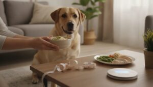 Labrador sitzt vor einem Tisch mit Küchenwaage, Maßband und abgewogener Futterportion aus Hähnchen, grünen Bohnen und Reis Blobeitragsbild zum Artikel "Hund abnehmen ohne Hungern: Übergewicht gesund reduzieren" von Lernpfote e. V.