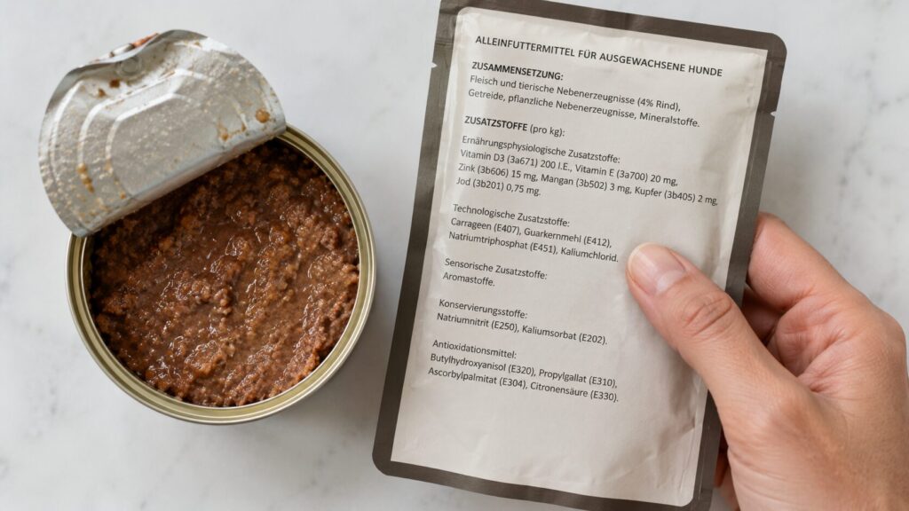 Hand hält Hundefutterpackung mit Zutatenliste und E-Nummern neben geöffneter Dose – Zusatzstoffe im Hundefutter lesen und verstehen von Lernpfote e. V.