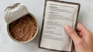 Hand hält Hundefutterpackung mit Zutatenliste und E-Nummern neben geöffneter Dose – Zusatzstoffe im Hundefutter lesen und verstehen von Lernpfote e. V.