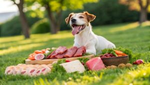 Hund liegt vor verschiedenen Fleischsorten und Gemüse – welches Fleisch für Hunde geeignet ist