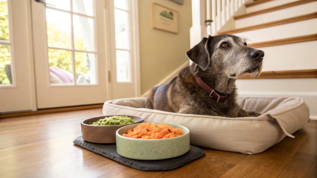 Seniorhund liegt entspannt im Körbchen, davor zwei Näpfe mit ausgewogener Ernährung für alte Hunde zum Blogbeitrag Ernährung für alte Hunde von Lernpfote e. V.