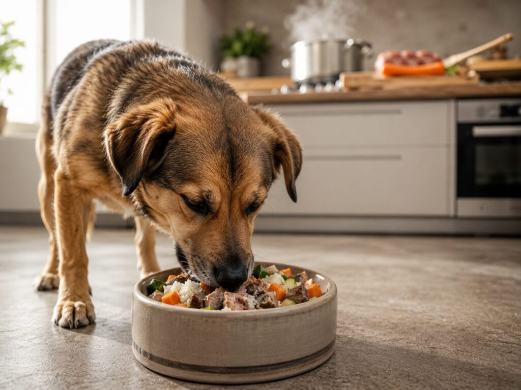 Hund frisst selbstgekochtes Hundefutter mit Fleisch, Gemüse und Reis aus einem Napf in der Küche Beitragsbild zum Blogbeitrag Hundefutter selber kochen von Lernpfote e. V.