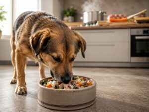 Hund frisst selbstgekochtes Hundefutter mit Fleisch, Gemüse und Reis aus einem Napf in der Küche Beitragsbild zum Blogbeitrag Hundefutter selber kochen von Lernpfote e. V.