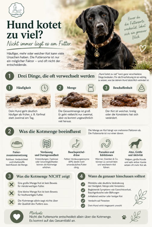 Hund kotet zu viel: Infografik mit den drei Unterscheidungen Häufigkeit, Menge und Beschaffenheit sowie den Faktoren, die die Kotmenge beeinflussen von Lernpfote e. V. 