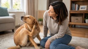 Hund kratzt sich mit der Hinterpfote am Hals, während seine Besitzerin ihn beobachtet, typisch für Juckreiz beim Hund Bild zum Blogbeitrag Juckreiz beim Hund von Lernpfote e. V.