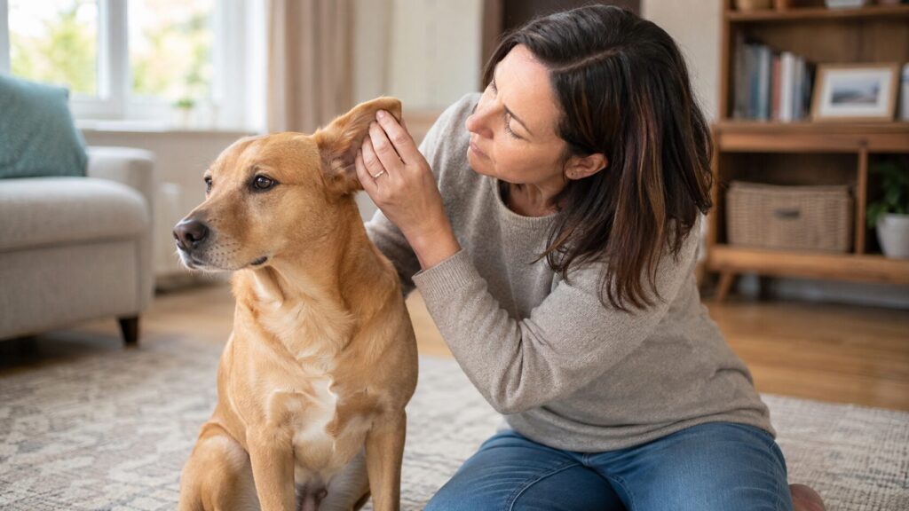 Ohrenentzündung beim Hund: Halterin hebt vorsichtig das Ohr ihres Hundes an und schaut hinein Blogbeitrag von Lernpfote e. V.