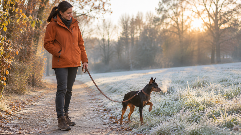 Halterin im orangen Parka steht an einem frostigen Morgen am Wiesenrand, ihr Zwergpinscher hebt zögernd eine Vorderpfote über dem weißen Gras