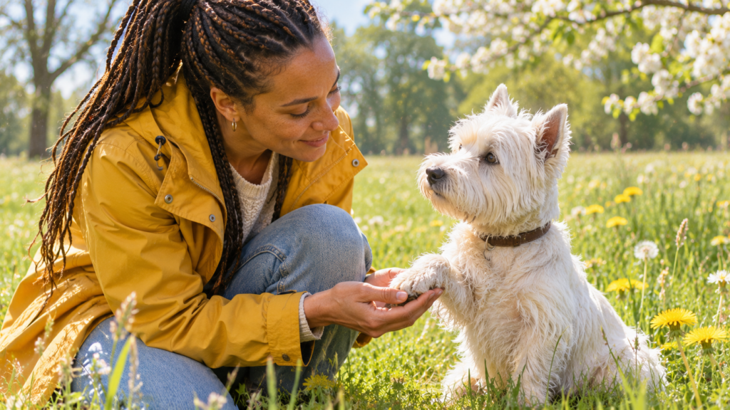 Halterin kniet auf einer blühenden Frühlingswiese und hält behutsam die Pfote ihres West Highland White Terriers in der Hand