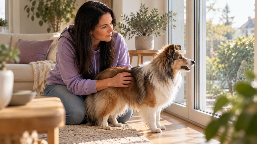Sheltie steht wachsam am Fenster, die Halterin kniet ruhig daneben und legt ihm die Hand auf den Rücken
