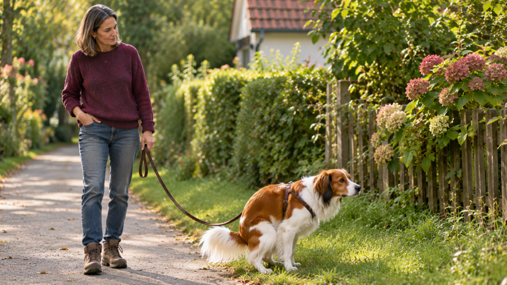 Halterin bleibt auf dem Spaziergang stehen und beobachtet ihre Kooikerhondje-Hündin, die am Wegrand schon wieder anhält