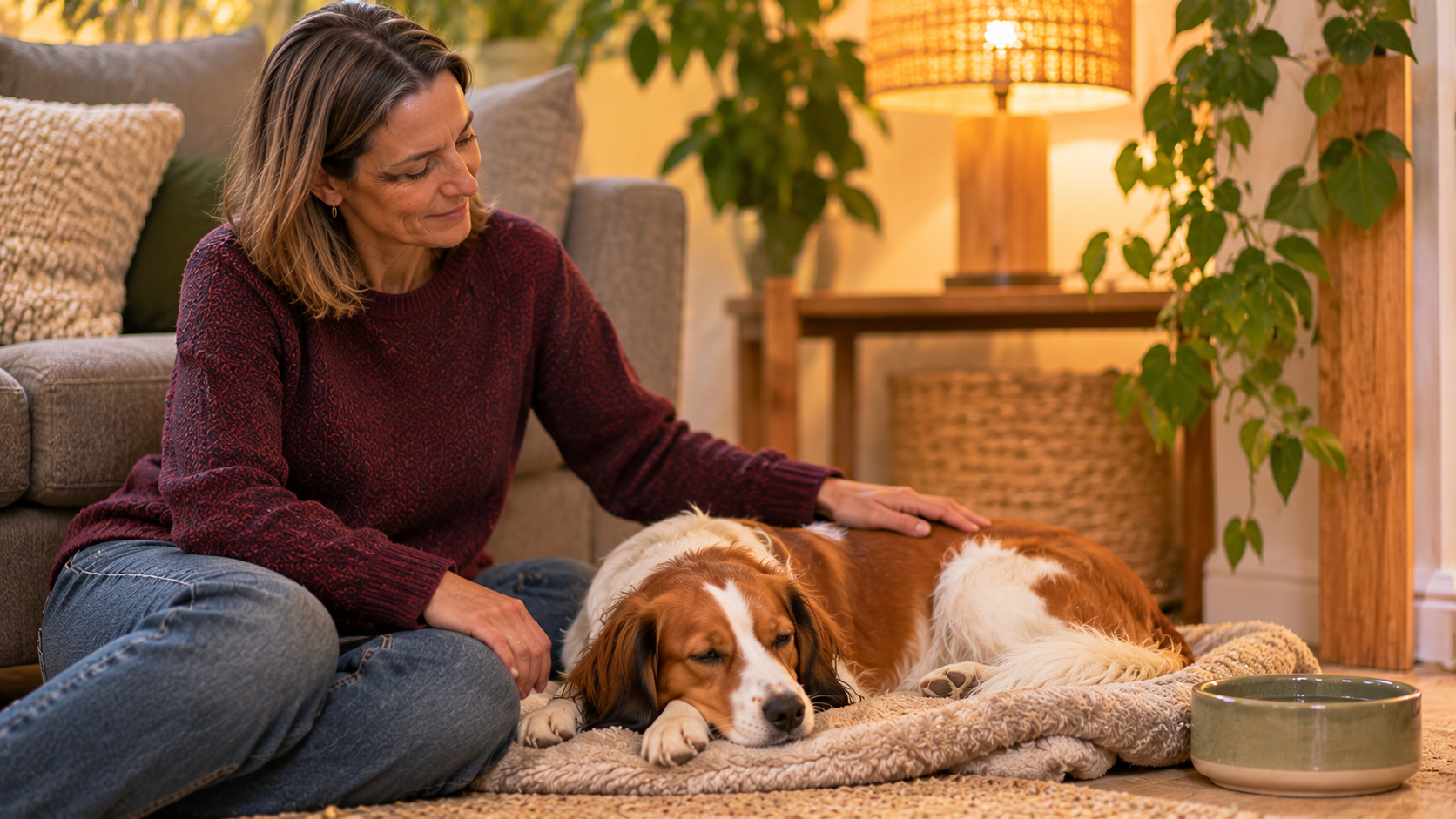 Kooikerhondje-Hündin liegt entspannt auf einer weichen Decke neben dem Sofa, ihre Halterin sitzt daneben und legt ihr eine Hand auf den Rücken, daneben steht ein Wassernapf