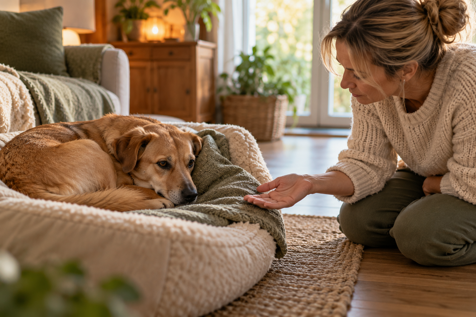 Darm-Hirn-Achse beim Hund: hellbrauner Hund liegt eingerollt und zurückgezogen in seinem Körbchen, die Halterin kniet daneben und hält ihm ruhig die offene Hand hin