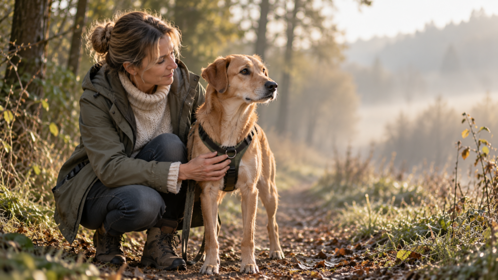 Halterin hockt ruhig neben ihrem hellbraunen Hund am Waldrand, der Hund schaut aufmerksam und etwas unsicher in die Ferne