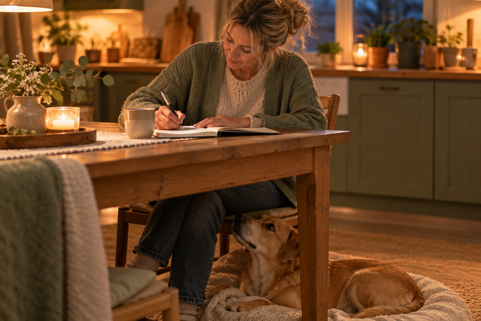 Halterin schreibt am Abend Notizen in ein Heft, ihr hellbrauner Hund liegt entspannt unter dem Küchentisch