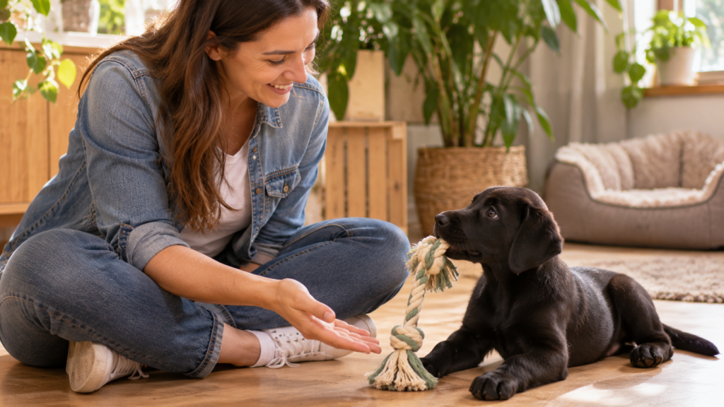 Schwarzer Labradorwelpe spielt auf dem Holzboden mit einem Seilspielzeug, seine Halterin sitzt im Schneidersitz daneben