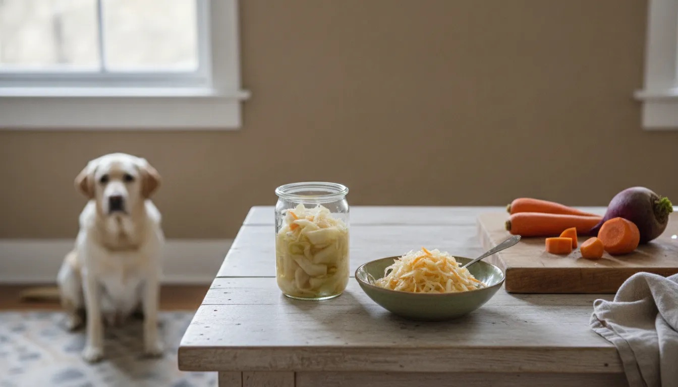 Glas mit fermentiertem Gemüse und eine Schale Sauerkraut auf einer Küchenablage, im Hintergrund wartet ein Labrador zum Blogbeitrag Darmgesundheit beim Hund: 5 einfache Werkzeuge für eine gesunde Darmflora von Lernpfote e. V.