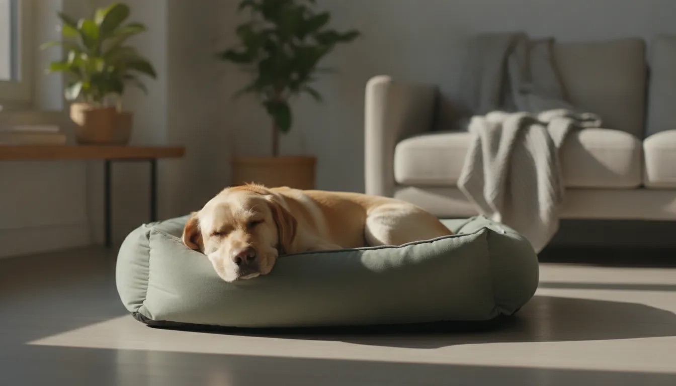 Labrador schläft tief entspannt auf seinem Hundebett im ruhigen Nachmittagslicht zum Blogbeitrag Darmgesundheit beim Hund: 5 einfache Werkzeuge für eine gesunde Darmflora von Lernpfote e. V.