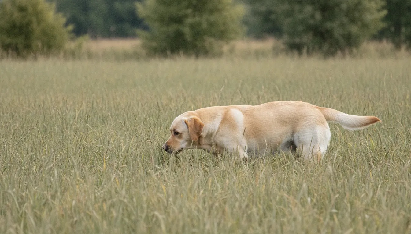 Labrador schnüffelt mit gesenkter Nase im hohen Gras am Wiesenrand zum Blogbeitrag Darmgesundheit beim Hund: 5 einfache Werkzeuge für eine gesunde Darmflora von Lernpfote e. V.