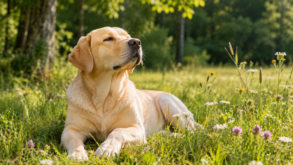 Darmgesundheit beim Hund: heller Labrador liegt entspannt auf einer sonnigen Wiese am Waldrand