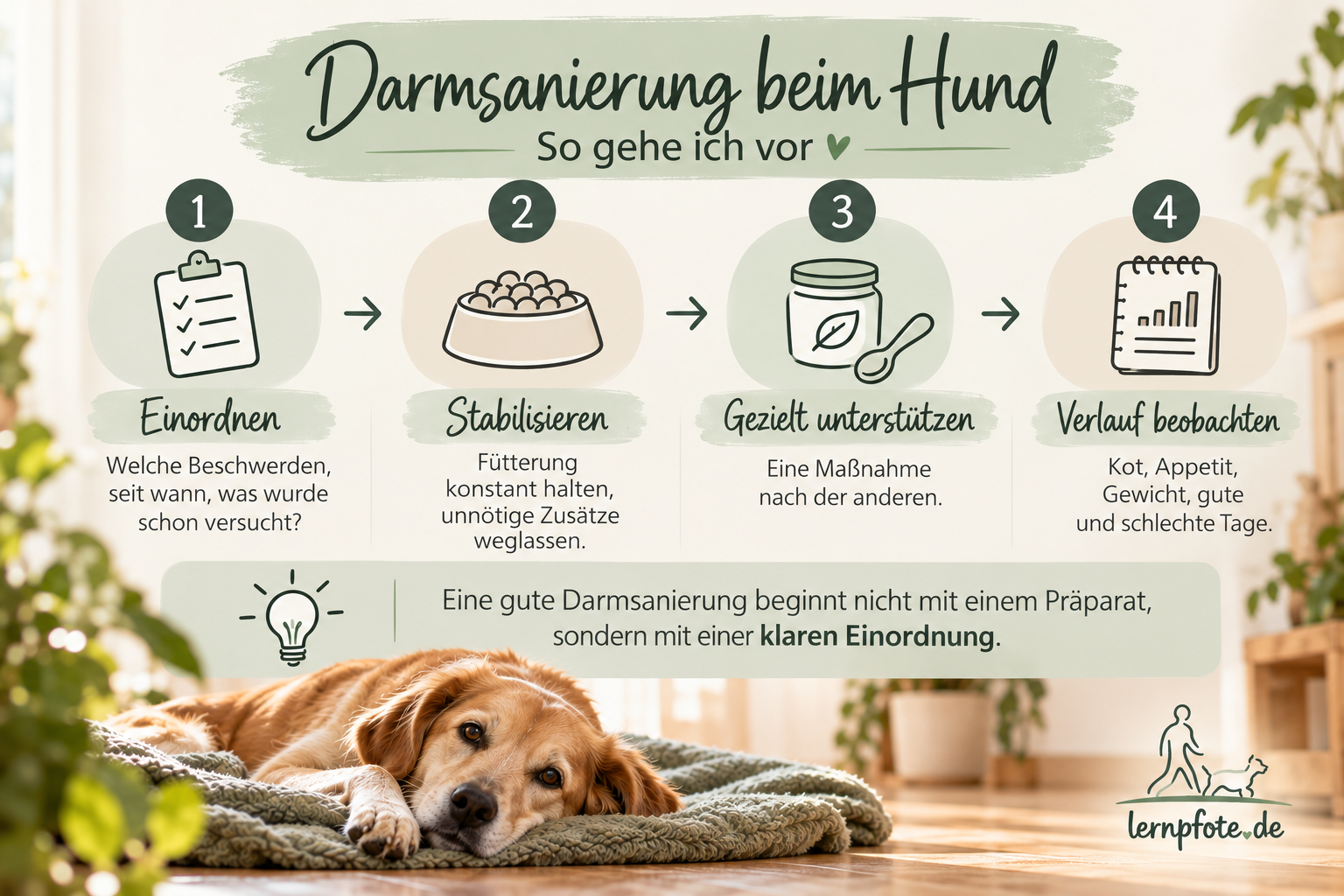 Infografik: Ablauf einer Darmsanierung beim Hund in vier Schritten, einordnen, stabilisieren, gezielt unterstützen, Verlauf beobachten