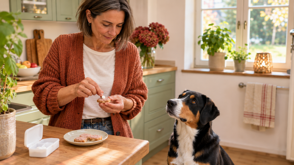 Halterin drückt in der Küche eine Tablette in ein Stückchen Leberwurstbrot, ihr Entlebucher Sennenhund sitzt daneben und schaut gespannt zu ihr hoch