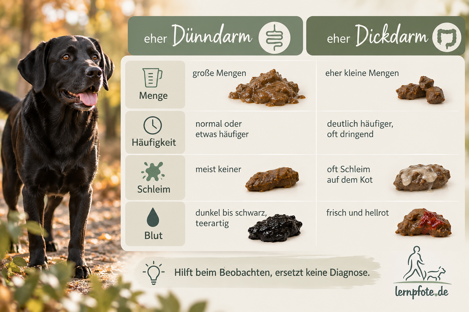 Infografik: Durchfall beim Hund aus dem Dünndarm oder Dickdarm erkennen, an Menge, Häufigkeit, Schleim und Blut