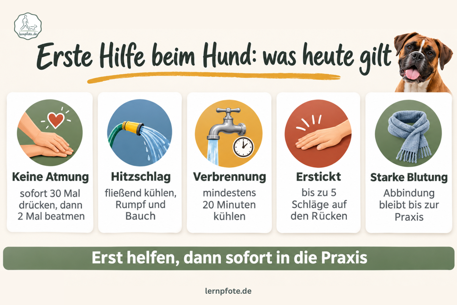 Infografik mit fünf Karten zur Ersten Hilfe beim Hund: bei fehlender Atmung 30 Mal drücken und 2 Mal beatmen, Hitzschlag fließend an Rumpf und Bauch kühlen, Verbrennung mindestens 20 Minuten kühlen, beim Ersticken bis zu 5 Schläge auf den Rücken, bei starker Blutung bleibt die Abbindung bis zur Praxis
