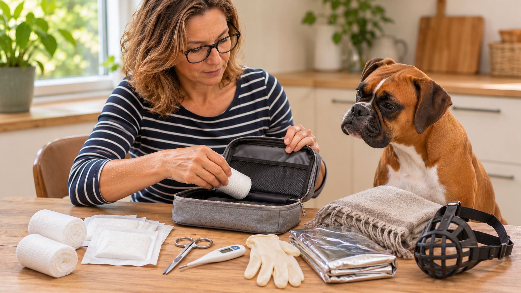 Frau packt eine Erste-Hilfe-Tasche für ihren Boxer mit Binden, Kompressen, Thermometer, Rettungsdecke, Tuch und Maulkorb