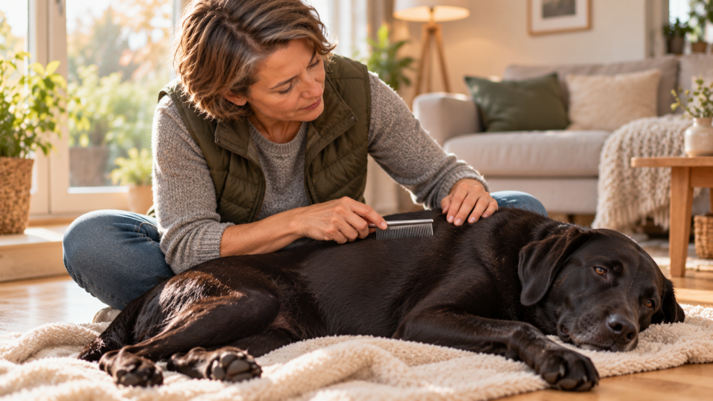 Halterin sitzt auf dem Wohnzimmerboden und kämmt den Rücken ihres schwarzen Labradors mit einem feinen Kamm, der Hund liegt entspannt auf einer Decke