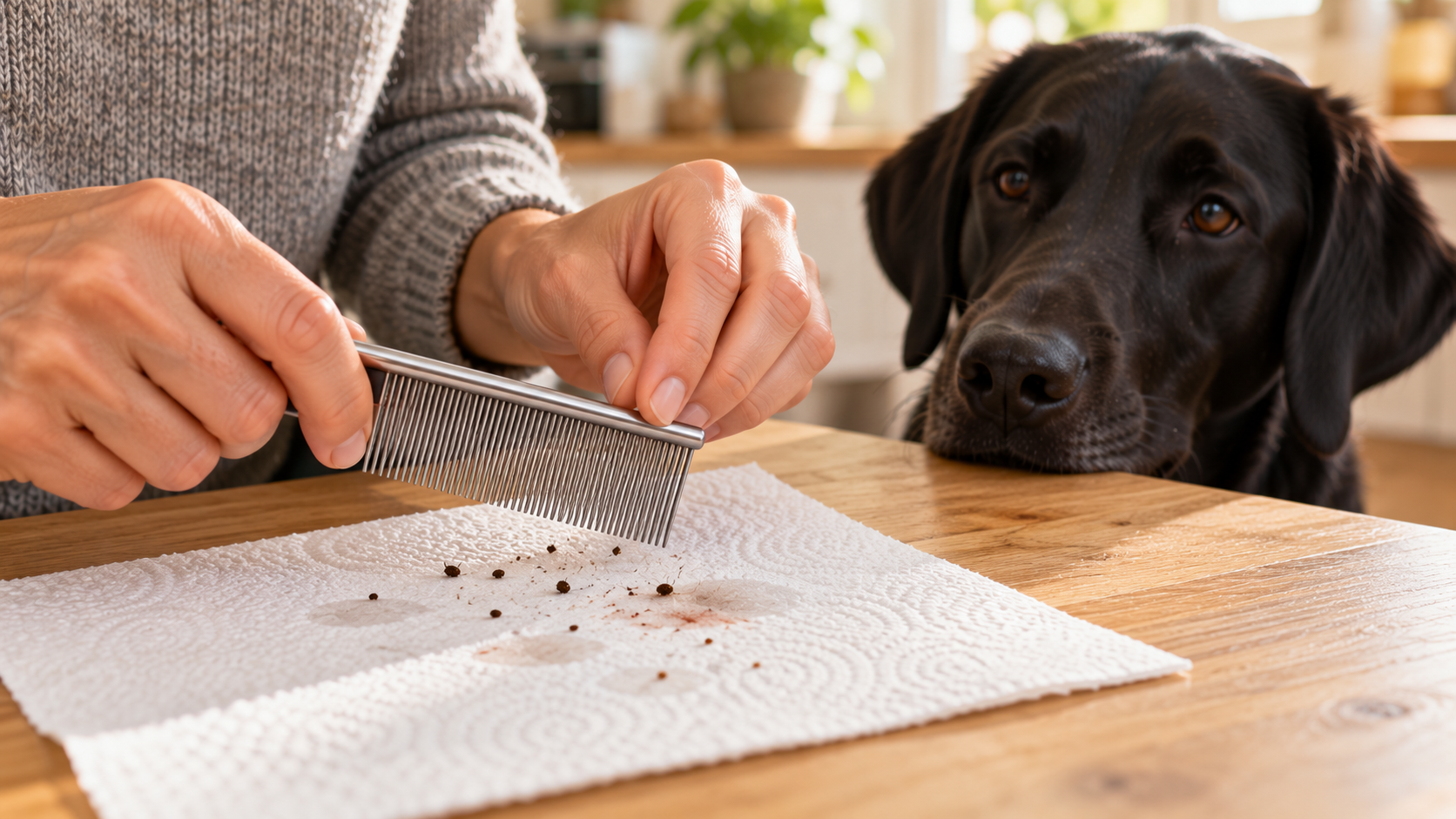 Halterin klopft einen Flohkamm über feuchtem Küchenpapier aus, auf dem kleine dunkle Krümel mit rötlichem Rand liegen, im Hintergrund schaut ihr schwarzer Labrador zu