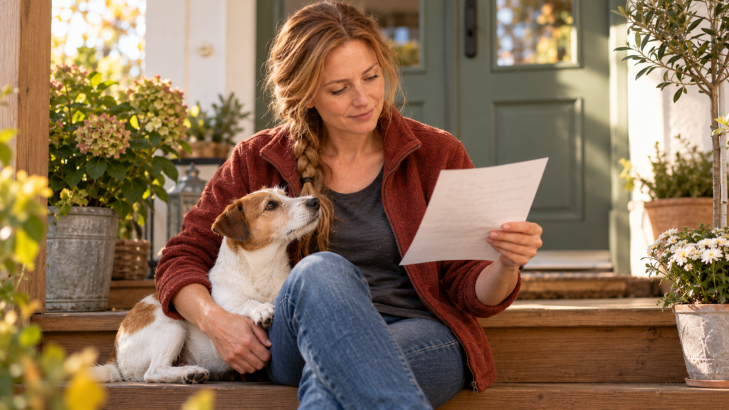 Halterin liest auf der Haustreppe einen Befund, ihr Jack-Russell-Mischling lehnt sich an ihr Bein
