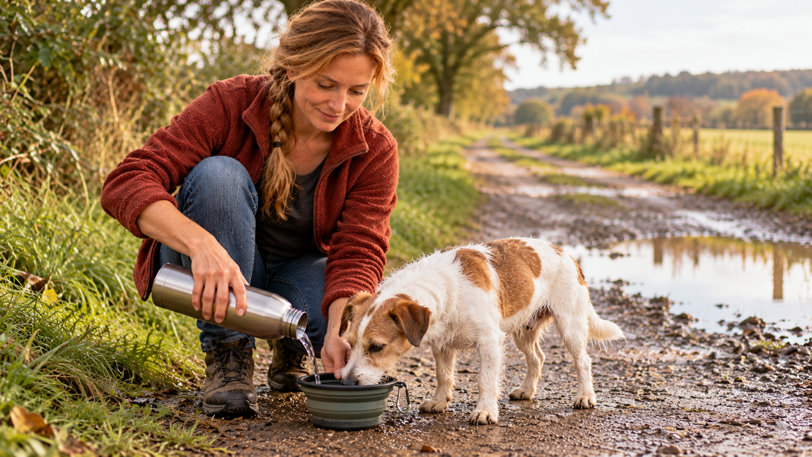 Halterin gibt ihrem Jack-Russell-Mischling unterwegs Wasser aus dem Reisenapf, dahinter liegt eine Pfütze