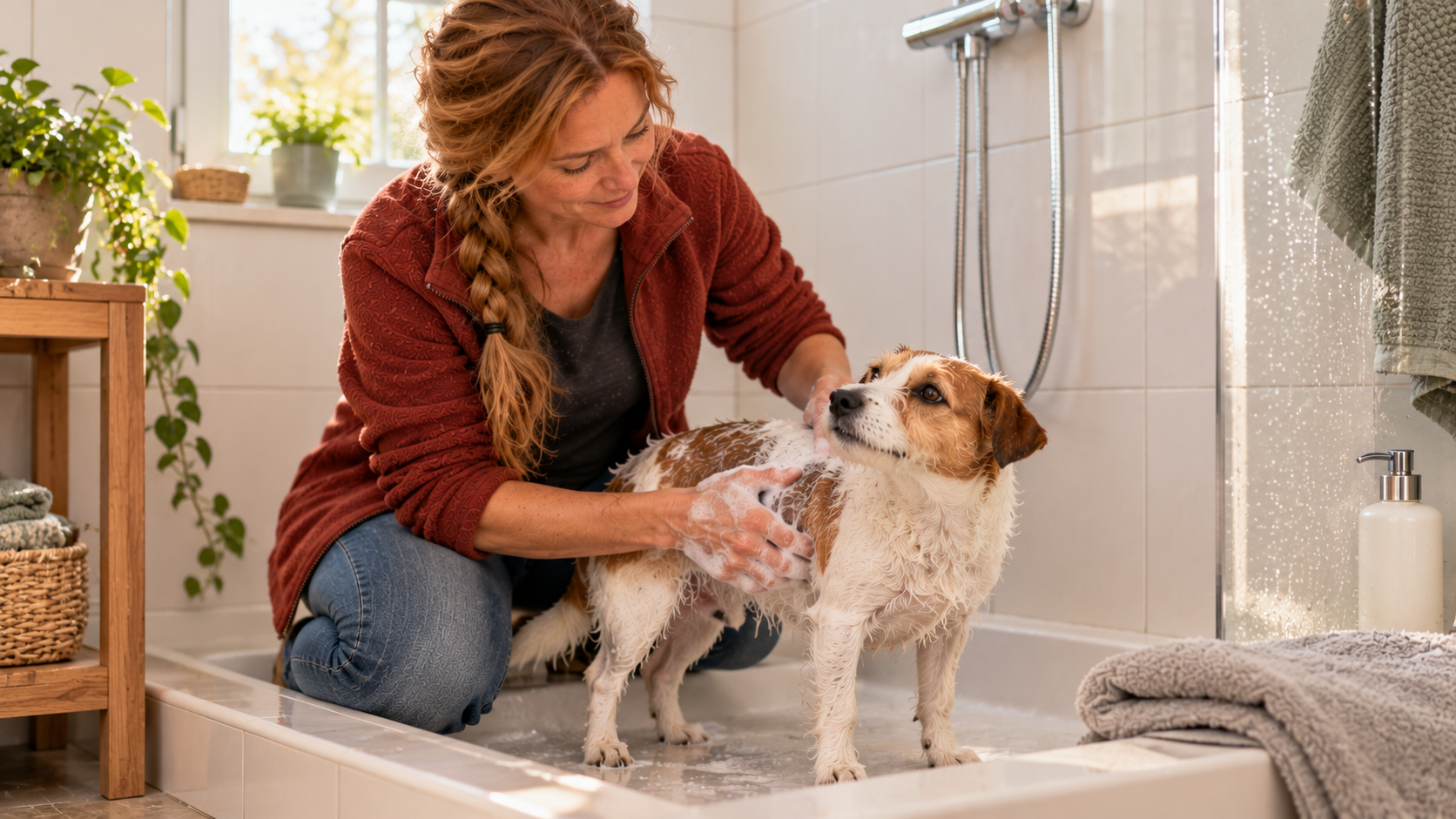 Halterin wäscht ihren Jack-Russell-Mischling in der Dusche mit mildem Schaum, ein Handtuch liegt bereit