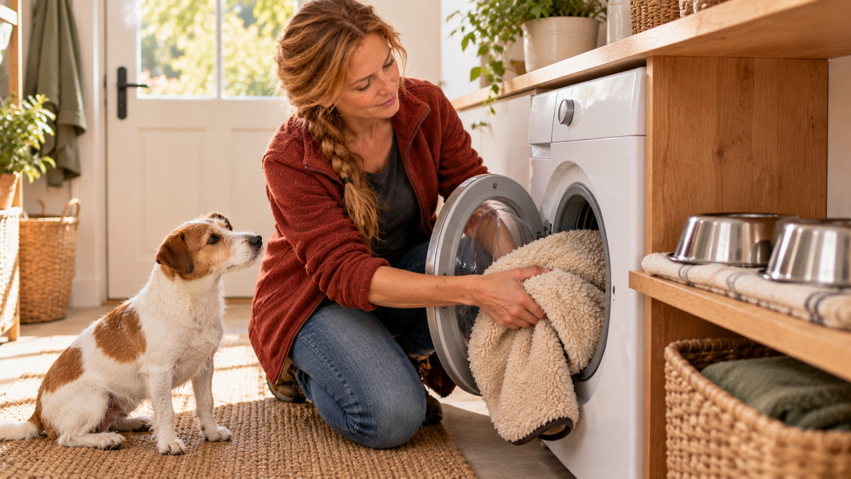 Halterin legt eine Hundedecke in die Waschmaschine, ihr Jack-Russell-Mischling sitzt daneben und schaut zu