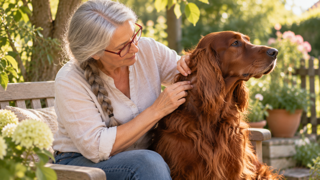 Halterin sitzt auf einer Gartenbank und schaut im Fell am Hals ihres Irish Setters nach der Haut