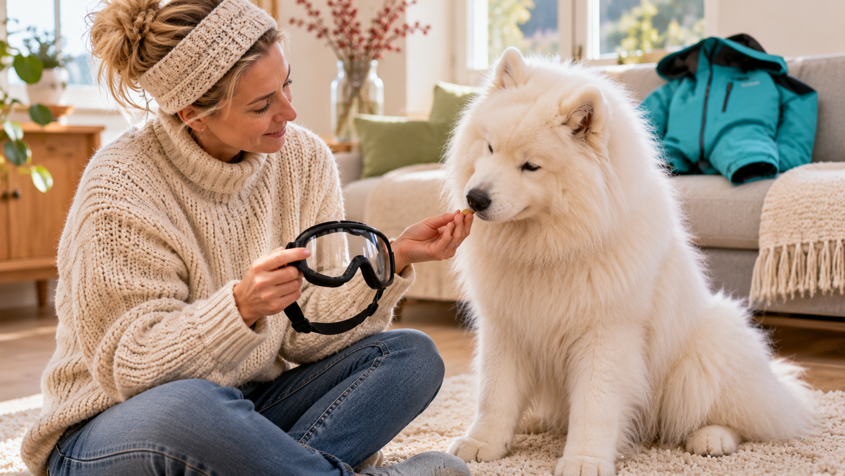 Halterin sitzt im Wohnzimmer auf dem Teppich, hält eine Hundebrille in der Hand und belohnt ihren weißen Samojeden mit einem Leckerli