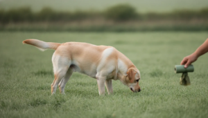 Hund kotet zu viel: Labrador schnuppert auf einer Wiese, Halterin hält Kotbeutel bereit Blogbeitag von Lernpfote e. V.