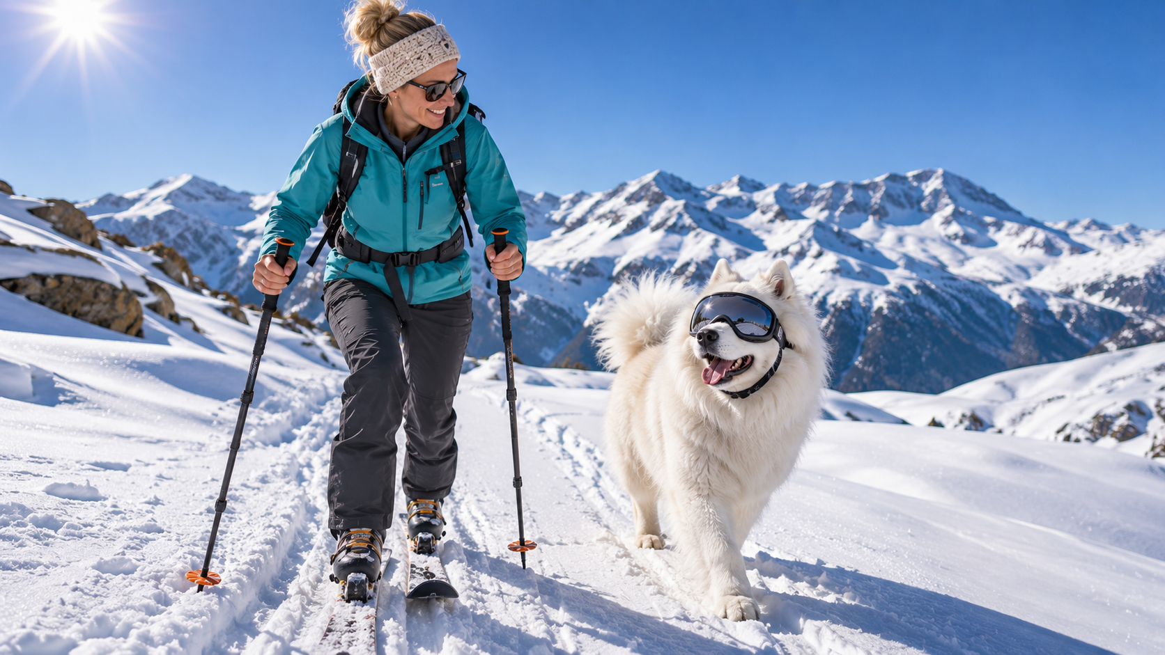 Weißer Samojede mit Schutzbrille läuft auf einer sonnigen Skitour im Hochgebirge neben seiner Halterin in türkiser Skijacke