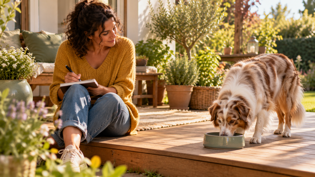 Halterin sitzt auf der Terrassentreppe mit einem Notizbuch und beobachtet ihren Australian Shepherd beim Trinken
