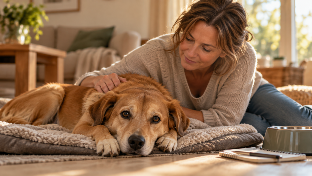 Hund liegt entspannt auf seiner Decke, seine Halterin streichelt ihn, daneben ein Napf und ein Notizbuch