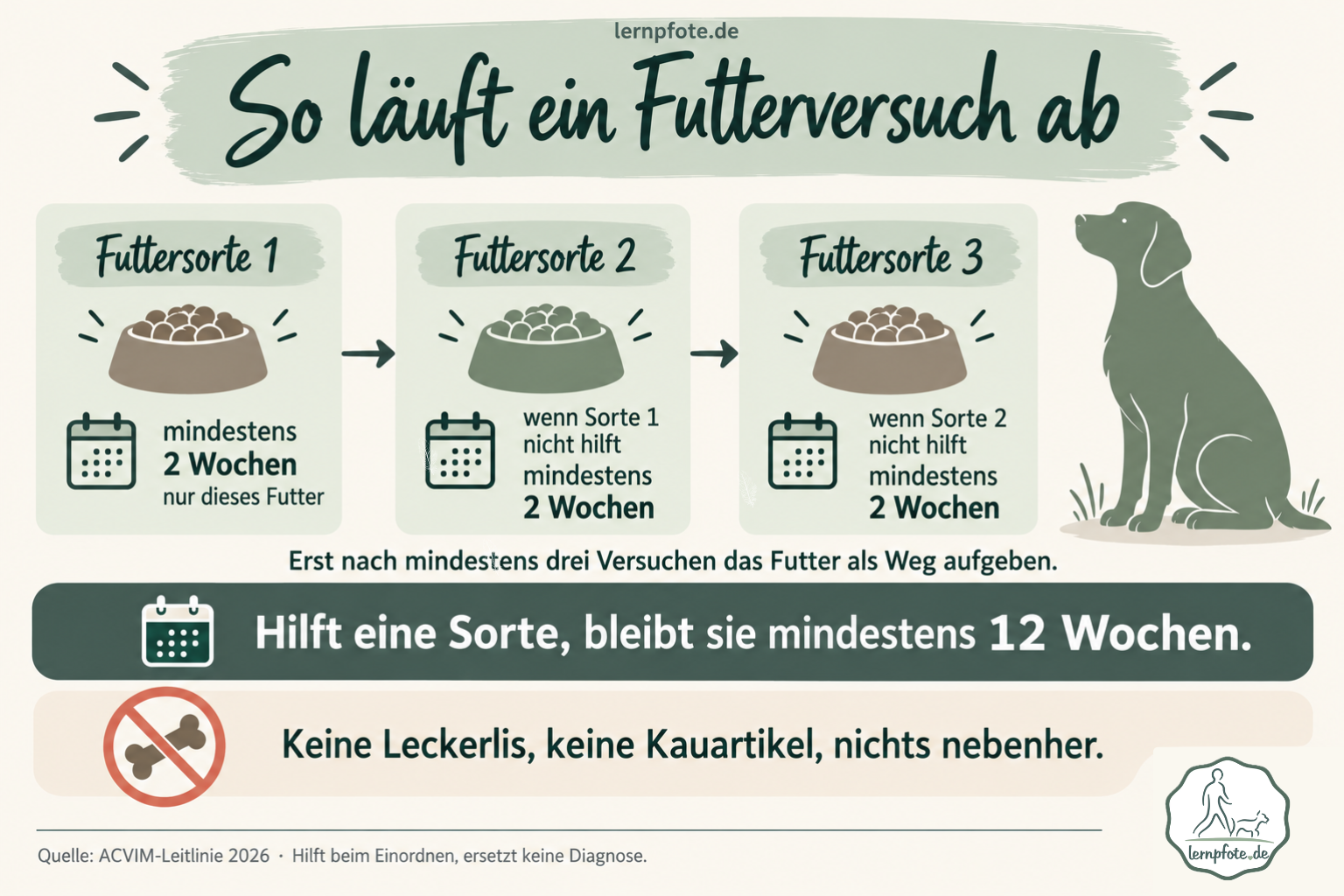 Infografik: Ein Futterversuch bei IBD dauert mindestens zwei Wochen mit nur einem Futter. Hilft es nicht, folgen mindestens drei Versuche, bevor man das Futter als Weg aufgibt. Ein Futter, das hilft, bleibt mindestens zwölf Wochen
