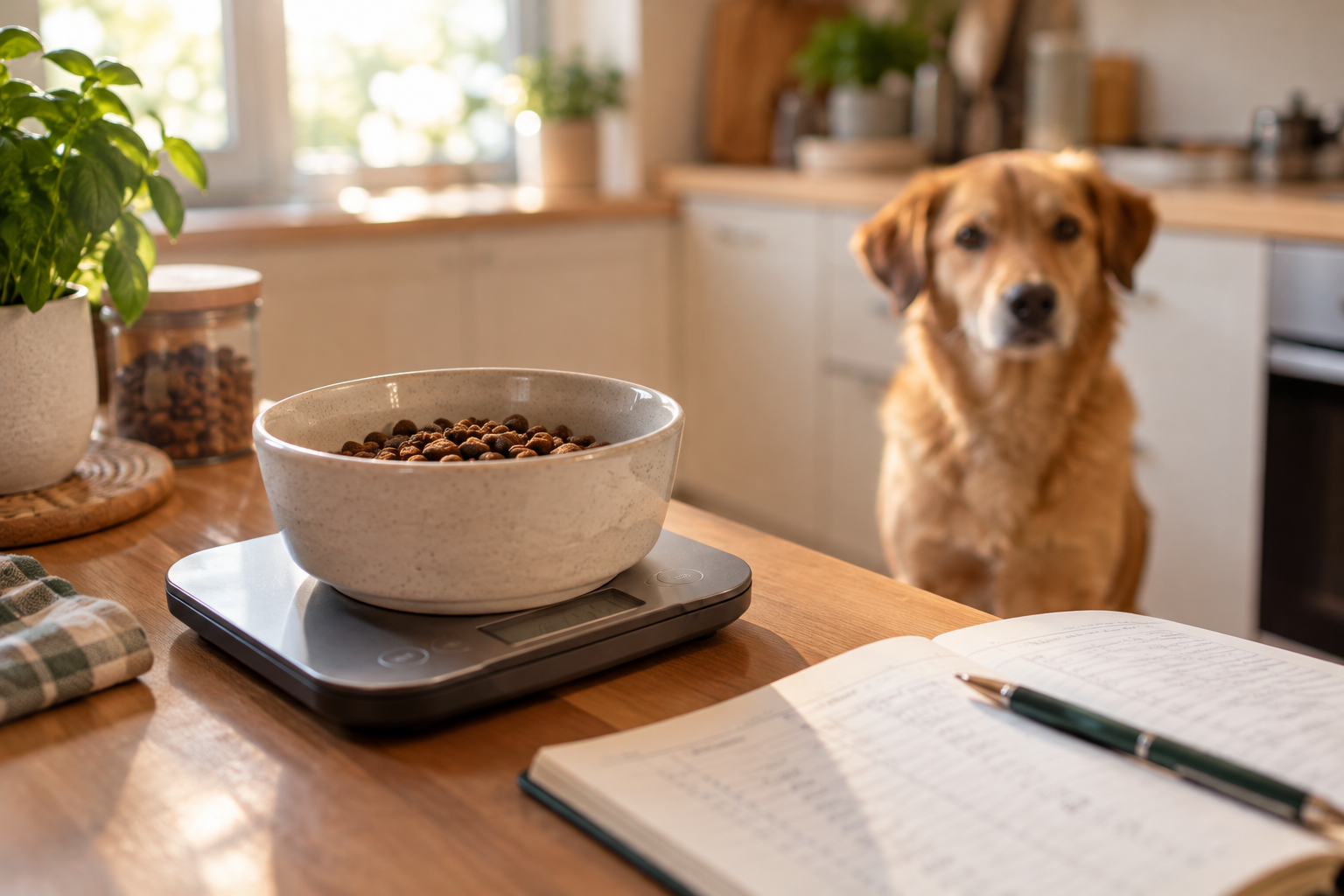 Napf mit abgewogener Futterportion auf einer Küchenwaage, daneben ein Notizbuch, im Hintergrund wartet ein Hund