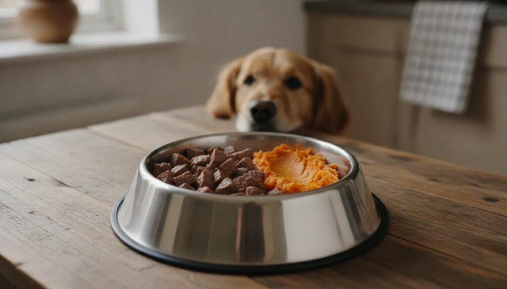 Napf mit gegarten Fleischwürfeln und pürierter Süßkartoffel getrennt angerichtet für die Eliminationsdiät beim Hund, Golden Retriever wartet im Hintergrund zum Blogbeitrag Eliminationsdiät Hund von Lernpfote e. V.