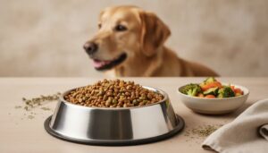Napf mit Insektenfutter für Hunde neben einer Schüssel Gemüse, im Hintergrund ein zufriedener Hund zum Blogbeitrag Insektenfutter für Hunde von Lernpfote e. V.