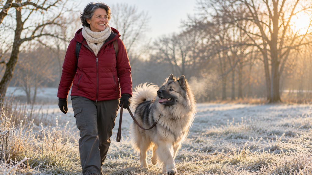 Wolfsgrauer Eurasier läuft an lockerer Leine neben seiner Halterin über eine frostige Wiese im Morgenlicht