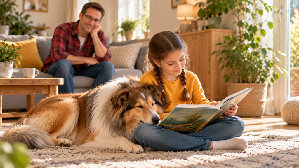 Mädchen liest auf dem Teppich ein Bilderbuch vor, der Langhaarcollie liegt neben ihr und legt den Kopf an ihr Bein, der Vater schaut vom Sofa aus zu