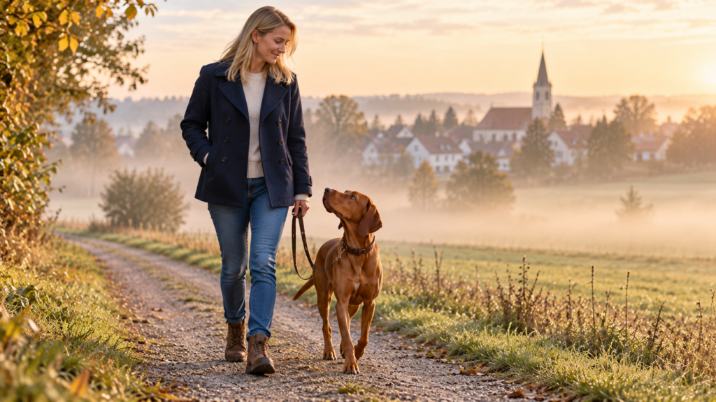 Halterin geht frühmorgens mit ihrer Vizsla-Hündin an lockerer Leine einen leeren Feldweg entlang